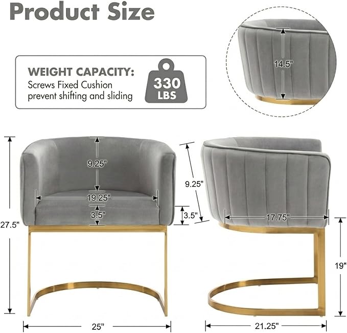 Hyfirm Gray and Gold Modern Barrel Dining Room Chairs Set of 4, Velvet Upholstered Accent Chairs with Curved Back for Kitchen Island, Luxury Comfort Seating Cantilever Metal Frame