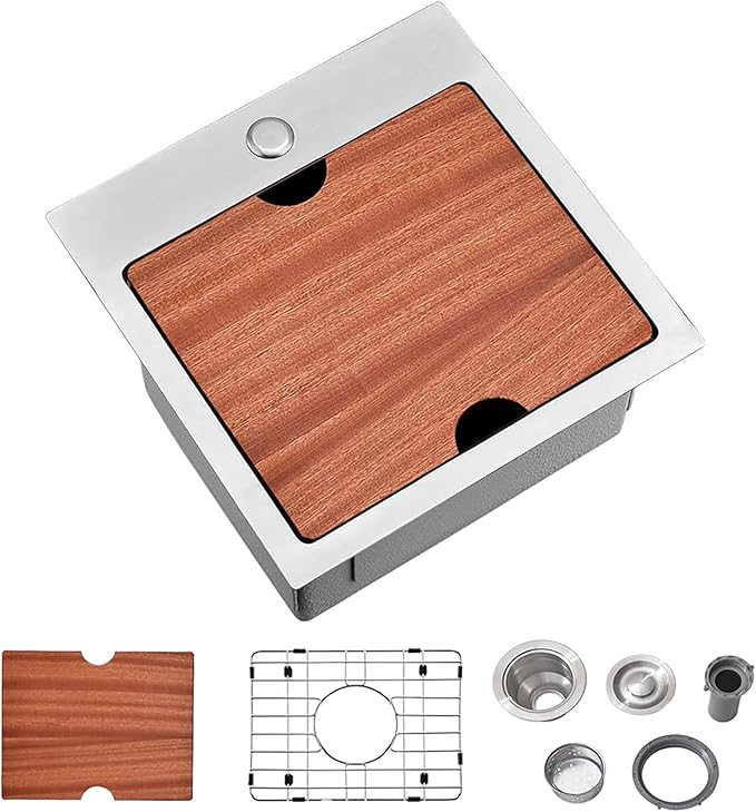 Friho Drop In Bar Sink, 15 x 15 Inch Wet Bar Sink 16 Gauge Stainless Steel 9 Inch Deep Single Bowl Outdoor Rv Sink with Dish Grid and Cutting Board