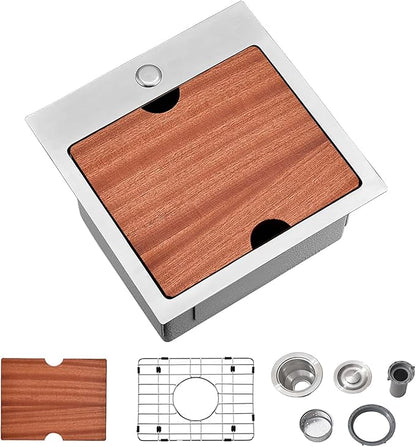 Friho Drop In Bar Sink, 15 x 15 Inch Wet Bar Sink 16 Gauge Stainless Steel 9 Inch Deep Single Bowl Outdoor Rv Sink with Dish Grid and Cutting Board