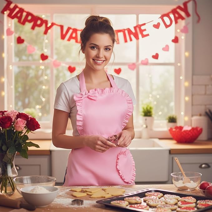 Geyoga Valentine Pink Long Ruffle Aprons for Women with Pockets Kitchen Maid Apron Vintage Skirt Cute Ruffle Dress Costume