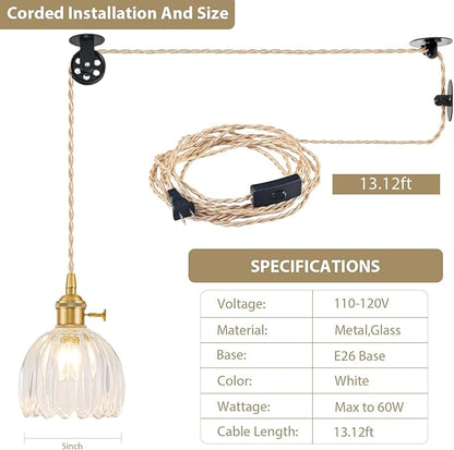 Plug in Pendant Light Fixtures, Hanging Light Fixture Vintage Glass Pendant Light, Mini Transparent Tulip Hanging Lamp, Pendant Lighting for Kitchen Island, Bedroom, Dining Room, Living Room