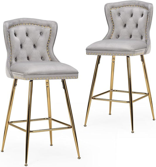 Bar Stools Set of 2, Velvet Counter Height Bar Stools with Metal Legs, Button Tufted and Nailheads Trim, Wing Back Bar Chairs for Kitchen Island Dining Room Pub, Gray