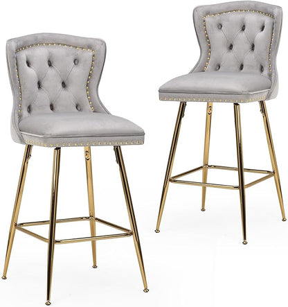 Bar Stools Set of 2, Velvet Counter Height Bar Stools with Metal Legs, Button Tufted and Nailheads Trim, Wing Back Bar Chairs for Kitchen Island Dining Room Pub, Gray YP833