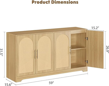 GarveeHome 59” Sideboard Buffet Cabinet - Large Credenza Storage with 4 Rattan Doors, Modern Console Table Accent Coffee Bar Cabinet for Living Room, Kitchen, Hallway, Dining Room, Entryway, Natural