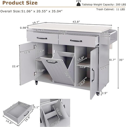 RUNNA Kitchen Island with Trash Can Storage Cabinet, Kitchen Cart with Drop Leaf, Spice Rack, Towel Rack and Drawer, Rolling Kitchen Island on Wheels with Adjustable Shelf (Grey~81)