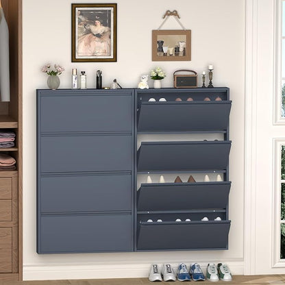 GREATMEET Shoe Cabinet with 4 Flip Drawers, Slim Metal Shoe Cabinet Storage for Entryway, Hidden Narrow Shoe Rack Organizer Cabinets Wall Mount for Living Room, Bedroom, Hallway, Blue