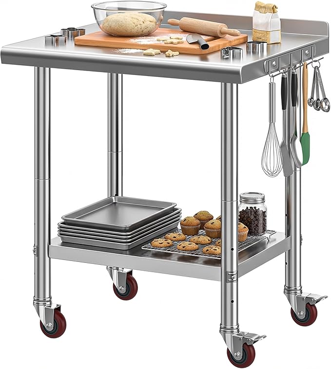DWVO 30x24in Stainless Steel Table, NSF Metal Prep Worktable with Backsplash & Wheels for Kitchen Restaurant Hotel Garage Warehouse Home