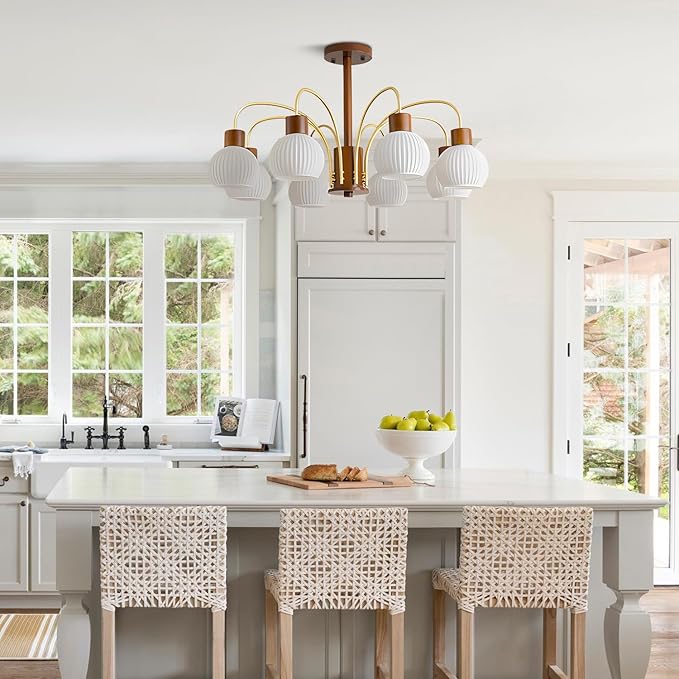 KCO Lighting Rustic Wood Sputnik Ceiling Light Fixture Ribbed Milk Glass Pendant Lights Kitchen Island 8 Lights Vintage Farmhouse Chandelier Lighting Modern White Gold Globe Chandelier