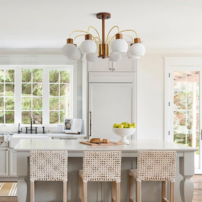 KCO Lighting Rustic Wood Sputnik Ceiling Light Fixture Ribbed Milk Glass Pendant Lights Kitchen Island 8 Lights Vintage Farmhouse Chandelier Lighting Modern White Gold Globe Chandelier