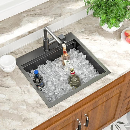 Mocoloo 18 Inch Drop-in Kitchen Sink with Faucet, Black Stainless Steel Bar Sink - 18x18x9 Inch Small Topmount Single Bowl Workstation with Pull-Out Faucet
