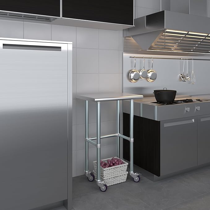 Stainless Steel Work Table Open Base & Wheels | NSF Kitchen Island Food Prep | Laundry Garage Utility Bench (24" Long x 18" Deep)