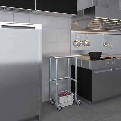 Stainless Steel Work Table Open Base & Wheels | NSF Kitchen Island Food Prep | Laundry Garage Utility Bench (24" Long x 18" Deep)