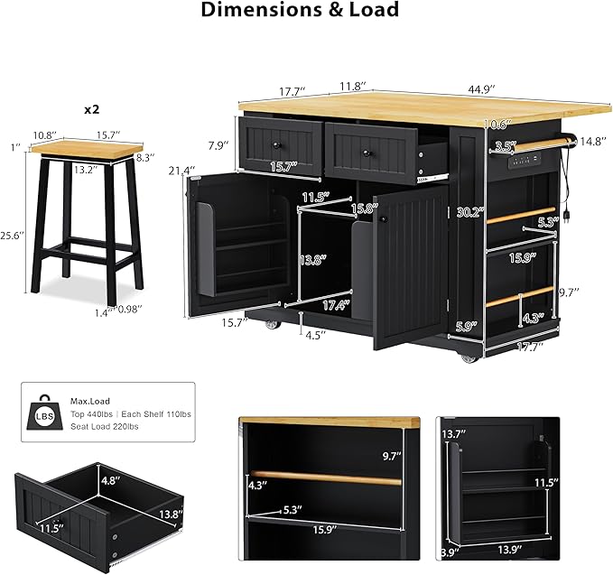 48inch Large Kitchen Island with 2 Bar Stools,Power Outlet,Door Internal Storage Rack,Kitchen Storage Cart on 5 Wheels with Drop Leaf,5 Open Side Racks,2 Drawers,Dining Room(Black#015)