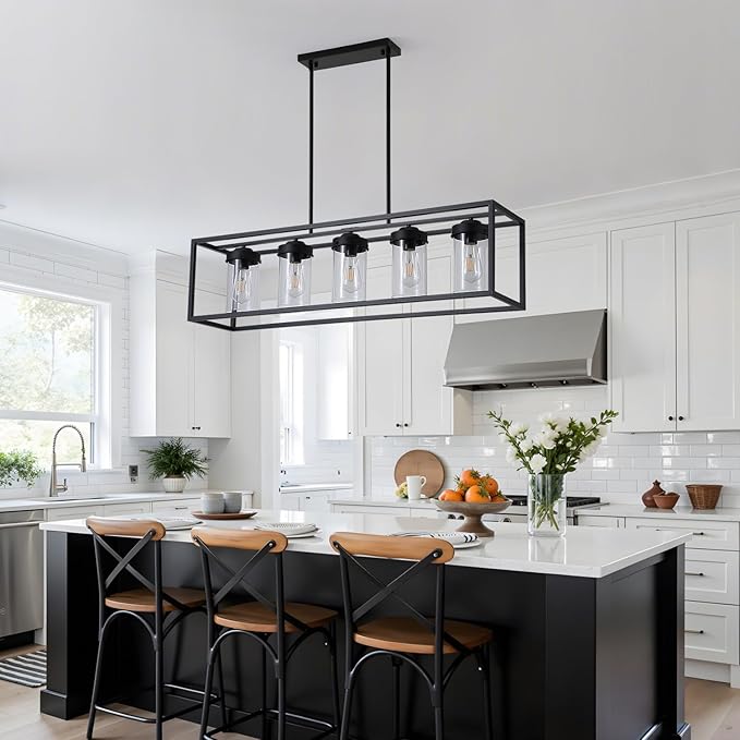Black Farmhouse Dining Room Chandelier, Rectangular Clear Glass Pendant Light, Modern Industrial Hanging Light Fixture for Kitchen Island