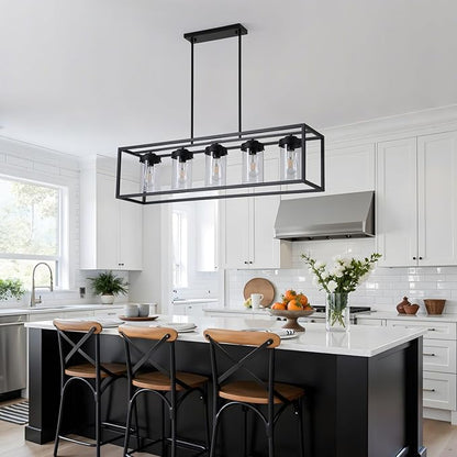 Black Farmhouse Dining Room Chandelier, Rectangular Clear Glass Pendant Light, Modern Industrial Hanging Light Fixture for Kitchen Island