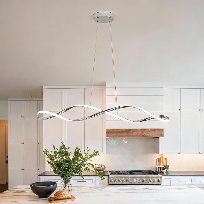 39 Inch Modern LED Pendant Light, Remote Control Dimmable Adjustable Height, DIY Kitchen Island Lighting & Dining Room Chandelier, Chrome Plated Energy Saving Linear Chandelier