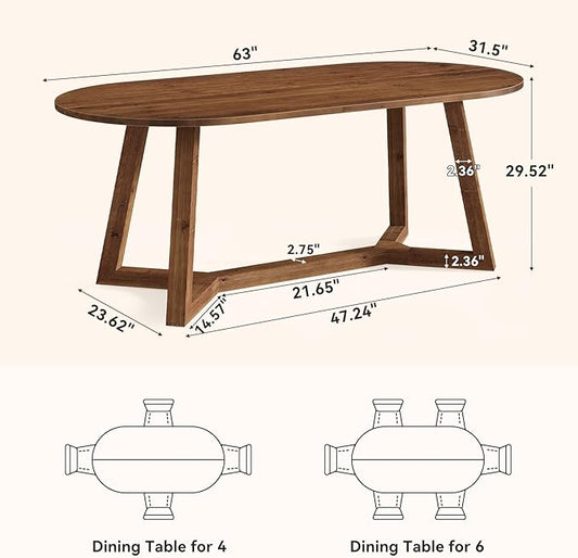 Solid Wood Oval Dining Table for 4-6, 63-Inch Wooden Farmhouse Kitchen Table with Sturdy Tapered Legs for Living Room, Dining Room,Office (Rustic Brown)