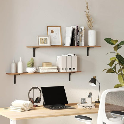 DINZI LVJ Long Wall Shelves, 39.4Inch Wall Mounted Shelves Set of 4, Extra Large Floating Storage Ledges with Sturdy Metal Brackets for Living Room, Bathroom, Bedroom, Kitchen, Rustic Brown