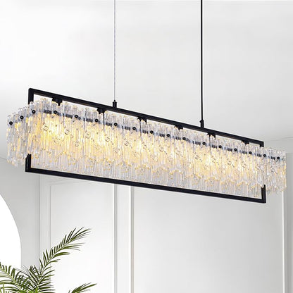 MantoLite Luxe Dining Room Light Fixture Farmhouse Crystal Chandeliers for Dining Room 32" Matte Black Rectangle Design 6-Light Banquet Pendant Light E12 3000K-6000K Compact for