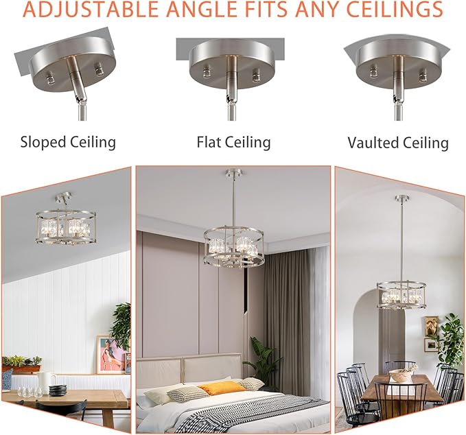 Brushed Nickel Ceiling Light Modern 4-Light Pendant Lighting Fixture 15.7" Adjustable Height Chandeliers with Glass Lampshade Rustic Round Lights for Bedroom Dining Room Kitchen Foyer