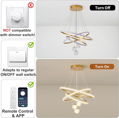 ORANOOR LED Modern 3 Ring Chandeliers for Dining Room, 24in Dimmable Kitchen Pendant Lamp, Gold Dining Room Light Fixtures Ceiling Hanging Over Table, Globe Round Chandeliers for Living Room Bedroom