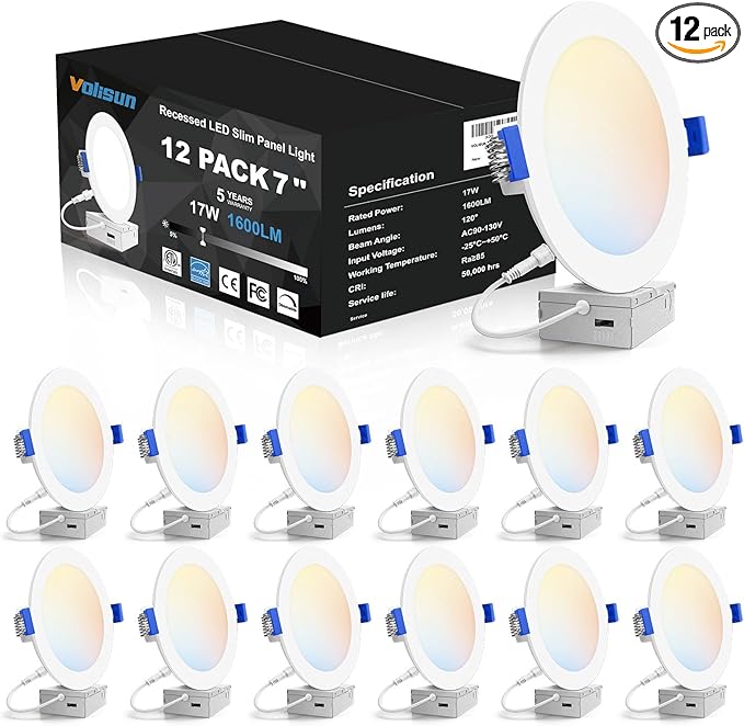VOLISUN 12 Pack 7 inch Recessed Lighting, 5CCT LED Recessed Light with Junction Box, 2700K-5000K Selectable, Dimmable Canless Wafer Downlight, LED Ceiling Light ETL Certificated