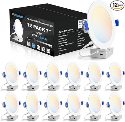 VOLISUN 12 Pack 7 inch Recessed Lighting, 5CCT LED Recessed Light with Junction Box, 2700K-5000K Selectable, Dimmable Canless Wafer Downlight, LED Ceiling Light ETL Certificated