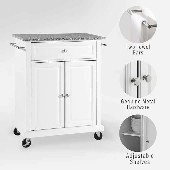 Crosley Furniture Compact Granite Top Small Rolling Cart with Shelves, Microwave Stand with Towel Rack, White