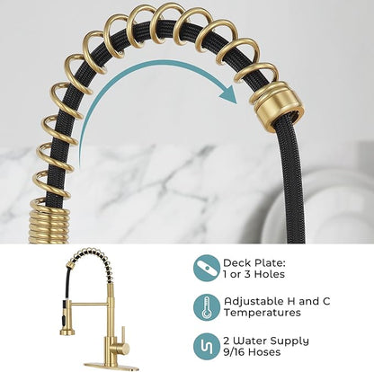 Kitchen Faucet with Pull Down Sprayer,Commercial Single Handle Stainless Steel Kitchen Faucets with Deck Plate (Brush Gold)