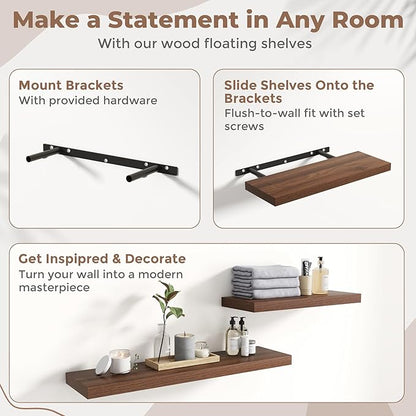 32 Inch Floating Shelves for Wall Set of 2, 8"D Wood Grain Bathroom Shelves with Invisible Brackets, Easy Install Engineered Wood Storage Shelves for Kitchen, Living Room, Bedroom, Walnut Finish