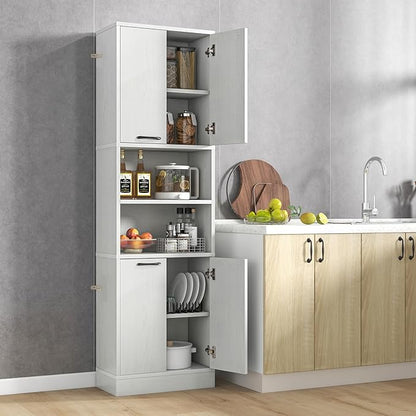 75” Kitchen Pantry Cabinet, Tall Freestanding Kitchen Hutch with 4 Doors, 2 Open Shelves & 4 Anti-Tipping Devices, Bathroom Storage Cabinet for Living Room, Dining Room (White Oak)