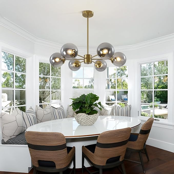 KCO Lighting Gold Globe Chandelier Smoke Bubble Glass Ball Pendant Lighting Fixture Modern 6-Light Brushed Brass Sputnik Chandelier Light Mid Century Hanging Ceiling Lamp for Living Room
