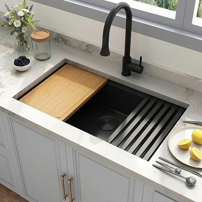 Black Undermount Kitchen Sink,16 Guage 304S Stainless Steel Workstation Sinks with Full Set Accessories, 30" x 18" x 10" Large and Deep Single Bowl Kitchen Sink