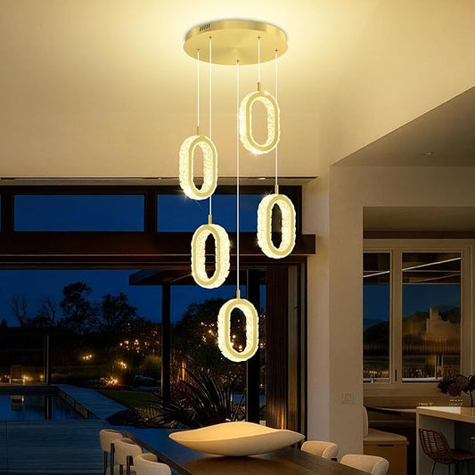 Dimmable 5-Light Oval Ring Chandelier for Dining Room, Gold Ring Pendant Light for Kitchen Island,Hallway, Entryway, Passway, Bedroom, Balcony Living Room