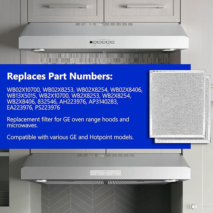 HASMX Aluminum Replacement Grease Filter for Range Hood 9" x 10.5" x 1/8" - Replaces Part Number GE: WBX8406. American Metal Filter: RHP0808, RBF0901. Homefilter: HF120 (2)