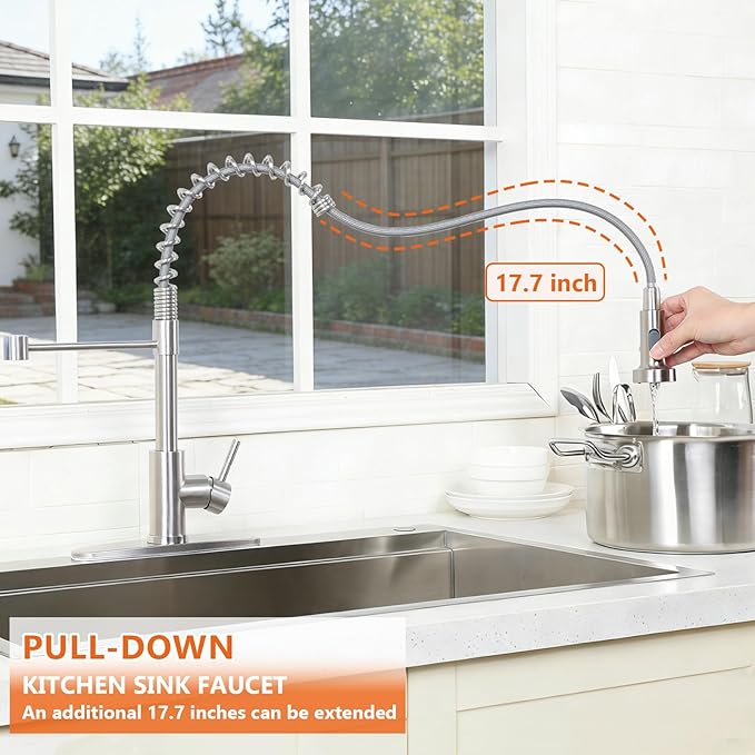 VCCUCINE Kitchen Faucet with Pull Down Sprayer Brushed Nickel Stainless Steel 1 Handle Pull Out Spring Sink Faucets 1 Hole Or 3 Hole Dual Function for Outdoor Utility Camper Laundry Rv Wet Bar
