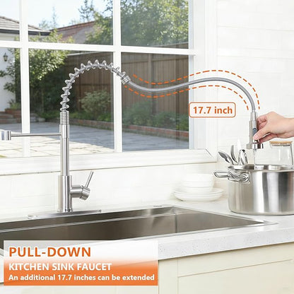 VCCUCINE Kitchen Faucet with Pull Down Sprayer Brushed Nickel Stainless Steel 1 Handle Pull Out Spring Sink Faucets 1 Hole Or 3 Hole Dual Function for Outdoor Utility Camper Laundry Rv Wet Bar