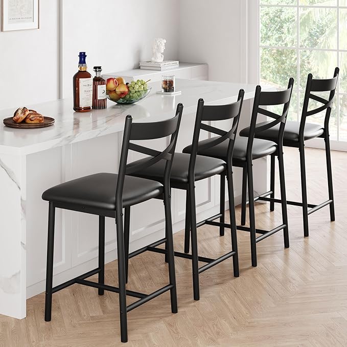 Garvee 26 Inch Bar Stools Set of 4, Counter Height Bar Chairs with Back and Thick Cushion, Upholstered Dining Chairs with Padded Seat, Barstools for Kitchen Island, Bar, Dining Room, Modern Black