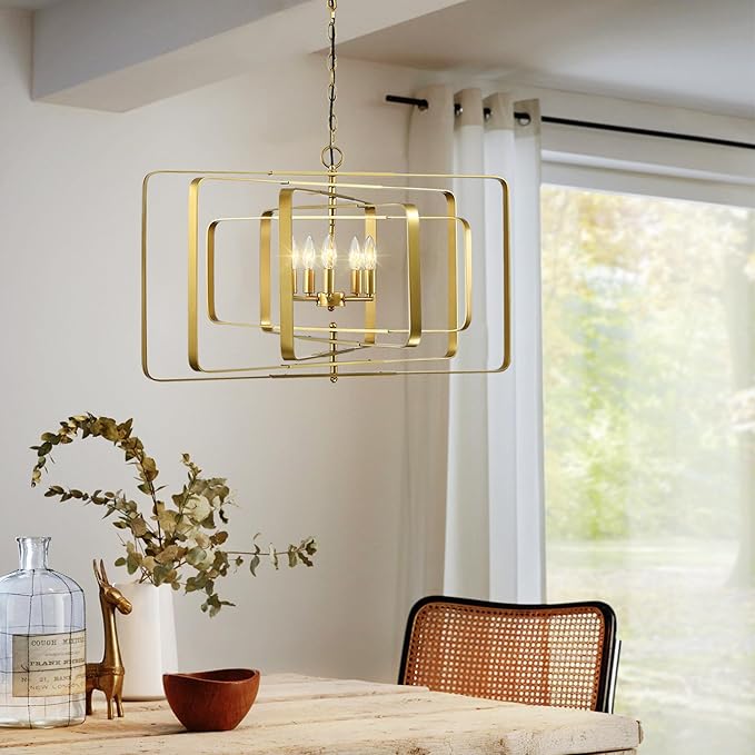 Untrammelife 32" 5-Light Gold Chandelier - Contemporary Rectangle Pendant for Dining Room, Kitchen Island & Foyer, Modern Farmhouse Ceiling Lighting