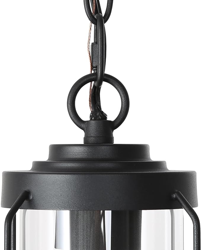 LALUZ Outdoor Pendant Lights, Black Outdoor Pendant Hanging Lights Adjustable Industrial Exterior Porch Light Fixtures Glass Shade for Patio, Entryway, Garden