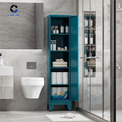 COFaR 67'' Tall Slim Bathroom Storage Cabinet, Metal Narrow Pantry Cabinet with 4 Adjustable Shelves and One Door, Skinny Cabinet Storage for Kitchen Laundry, Peacock Blue Farmhouse 5 Tiers