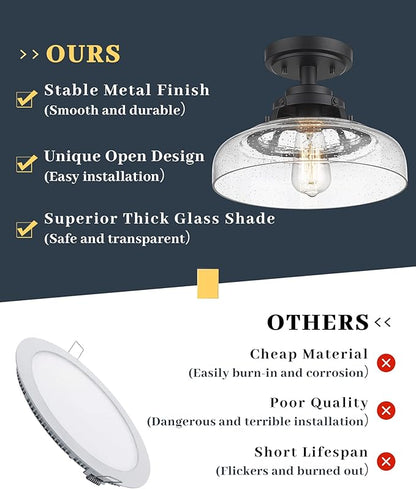 EAPUDUN Farmhouse Semi Flush Mount Ceiling Light, Black Industrial Ceiling Lighting,1-Light,Seeded Glass Shade, Ideal for Kitchen, Corridor, Bedroom, Foyer, Hallway, and Entryway,SMA1307-MBK