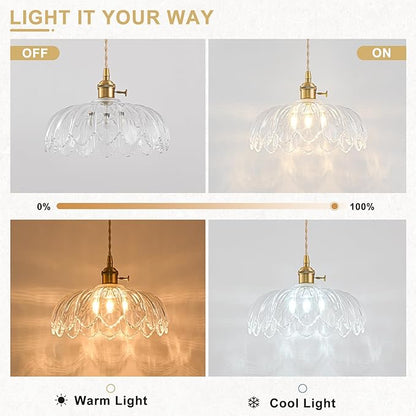 Glass Pendant Lights Kitchen Island, Vintage Brass Pendant Light Fixtures, Adjustable Transparent Kitchen Pendant Lighting Over Island for Bedroom Living Room Hallway Dining Room