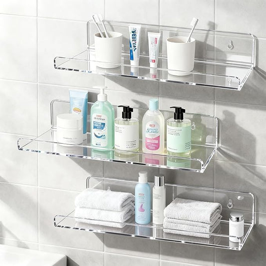 4-Pack Clear Acrylic Floating Shelves, Space-Saving Invisible Wall Shelves for Bathroom Kitchen Office Living Room, Modern Decor Set
