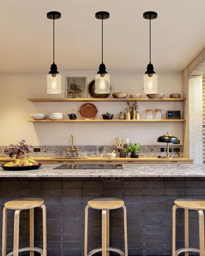 WILON Modern Glass Pendant Lights for Kitchen Island, 6.29" Mini Pandent Light Fixture with Seeded Glass Shade Black Farmhouse Pendant Lights E26 Base Hanging Kitchen Lights for Sink Dinging Room