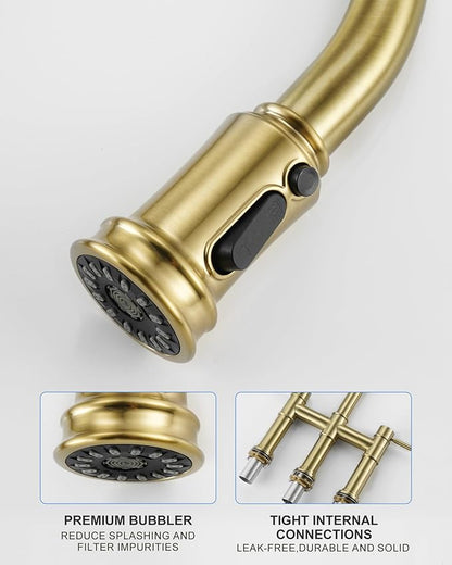 Bridge Faucet for Kitchen Sink: iVIGA Gold Farmhouse 3 Hole Kitchen Faucet with Pull Down Sprayer (3 Spray Modes) - 2 Handle High Arc Brass Faucet with 360° Swivel, with Supply Lines