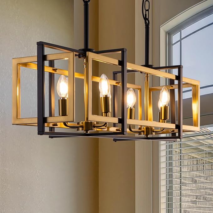 TOCHIC 8-Light Kitchen Island Lighting Black and Gold Rectangular Farmhouse Chandelier, Modern Linear Chandelier Island Lights for Kitchen, Kitchen Island, Dining Room, 36'' L