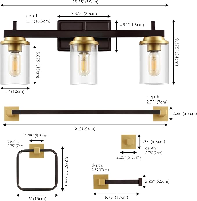 JONATHAN Y JYL1502B Liam 23.25" 3-Light Farmhouse Vanity Light with Bathroom Hardware Accessory Set, Oil Rubbed Bronze/Gold Painting (5-Piece) - Towel Bar & Ring, Toilet Paper Holder, Robe Hook