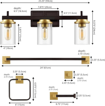 JONATHAN Y JYL1502B Liam 23.25" 3-Light Farmhouse Vanity Light with Bathroom Hardware Accessory Set, Oil Rubbed Bronze/Gold Painting (5-Piece) - Towel Bar & Ring, Toilet Paper Holder, Robe Hook