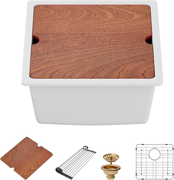 18 Inch White Undermount Sink - Beslend 18x18 White Kitchen Sink Granite Composite Bar Sink Undermount Square Sinks With Cover Small Prep Bar Workstation Sink Single Bowl Under Counter